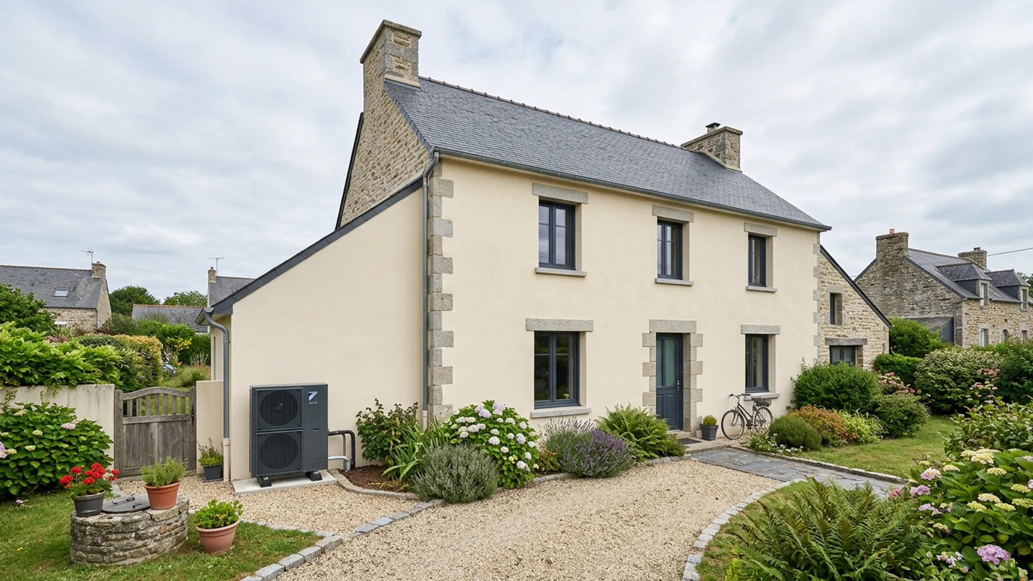 Maison morbihannaise après rénovation énergétique, façade isolée et ravalée enduit clair, menuiseries neuves anthracite, pompe à chaleur discrète, ciel doux, plan large frontal